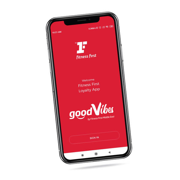 Smartphone showing Fitness first Good Vibes loyalty application Smartphone showing Fitness first Good Vibes loyalty application