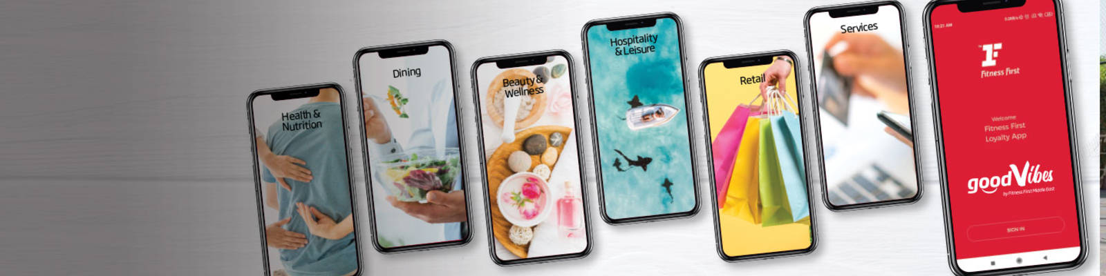 smartphones showing different pages of Good Vibes application smartphones showing different pages of Good Vibes application